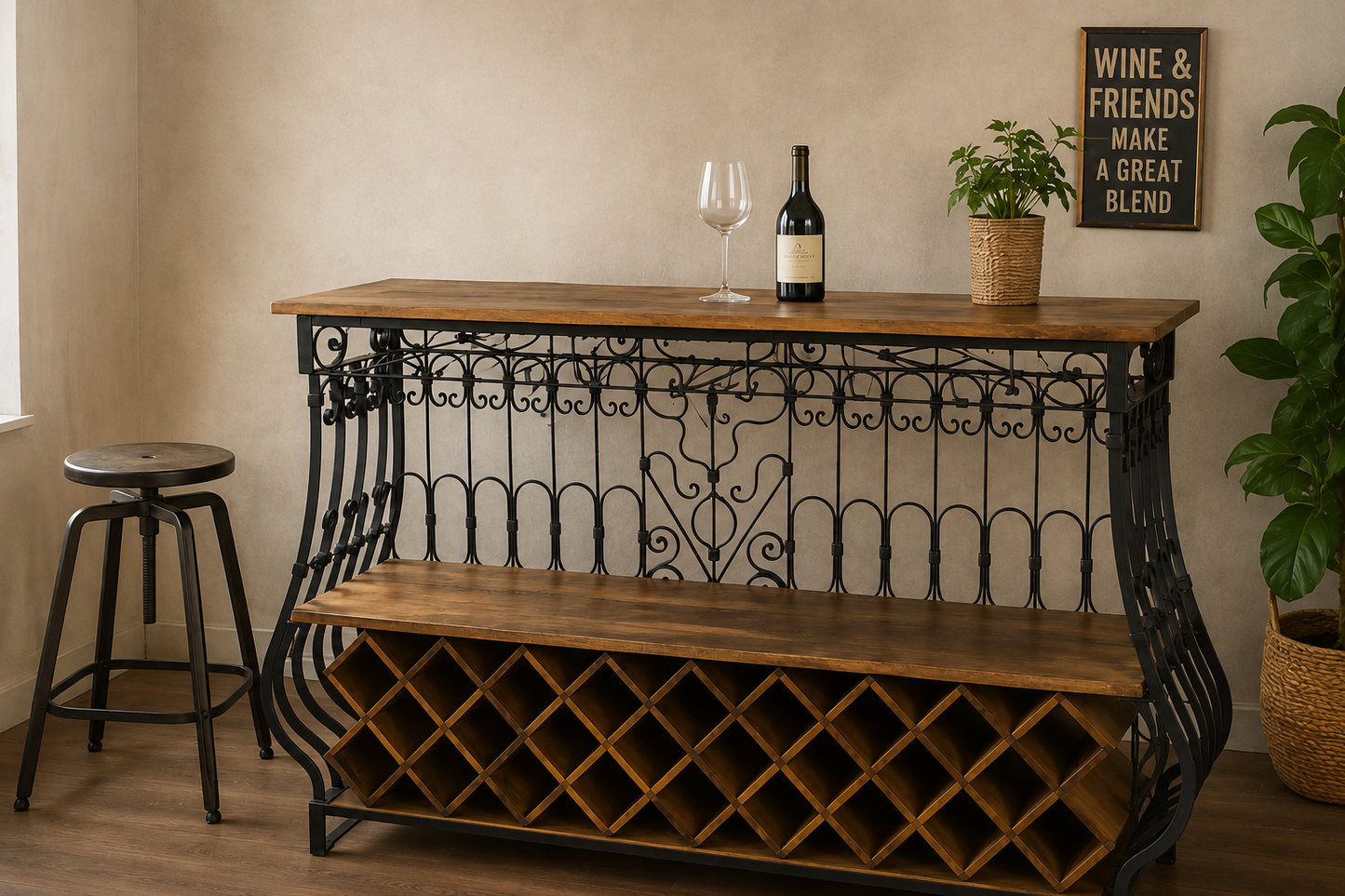 Meuble de bar au style atypique en bois et métal fer forgé