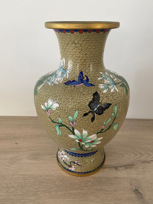 Vase chinois cloisonné décor fleurs et papillons
