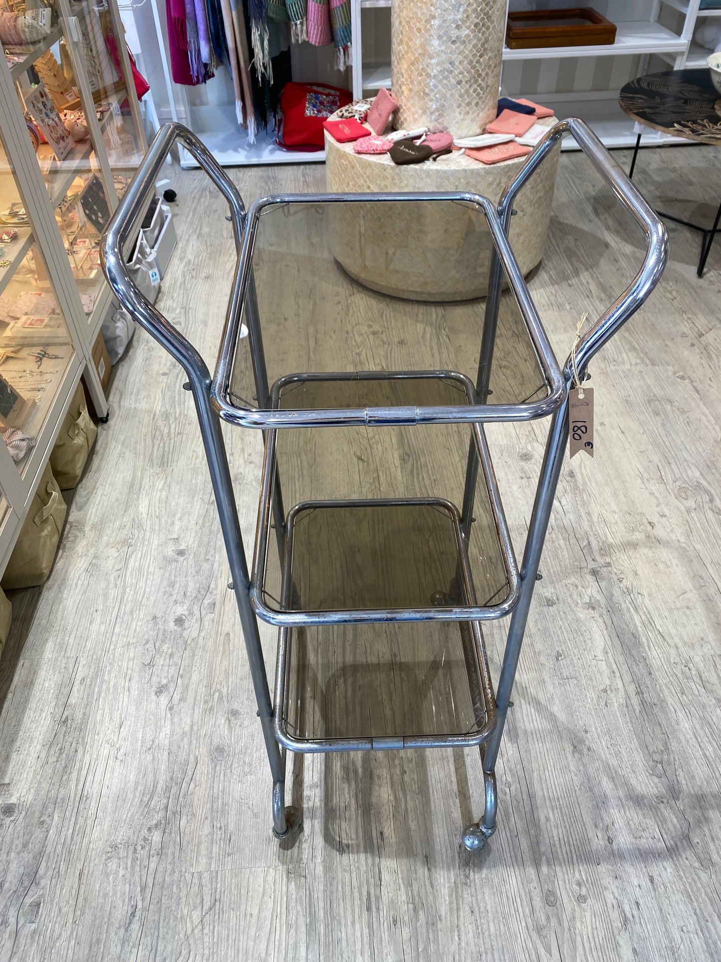 Desserte vintage en métal chromé et verre – style années 70