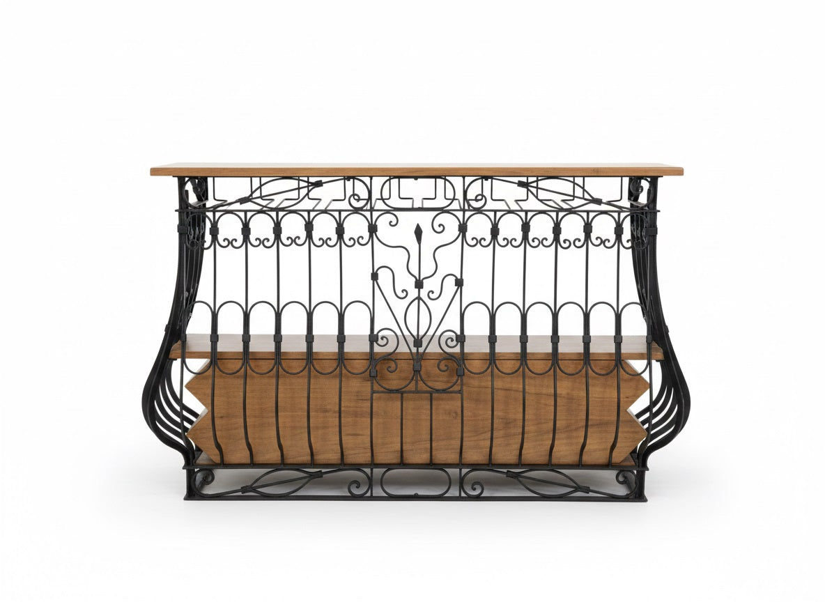 Meuble de bar au style atypique en bois et métal fer forgé