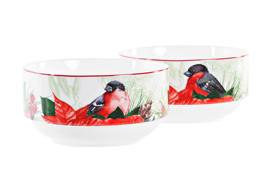 BOL en PORCELAINE "poinsettia et rouge gorge"