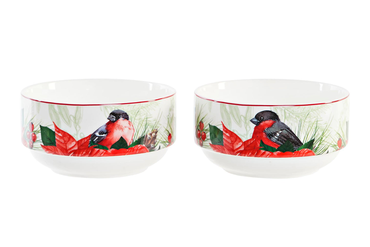 BOL en PORCELAINE "poinsettia et rouge gorge"