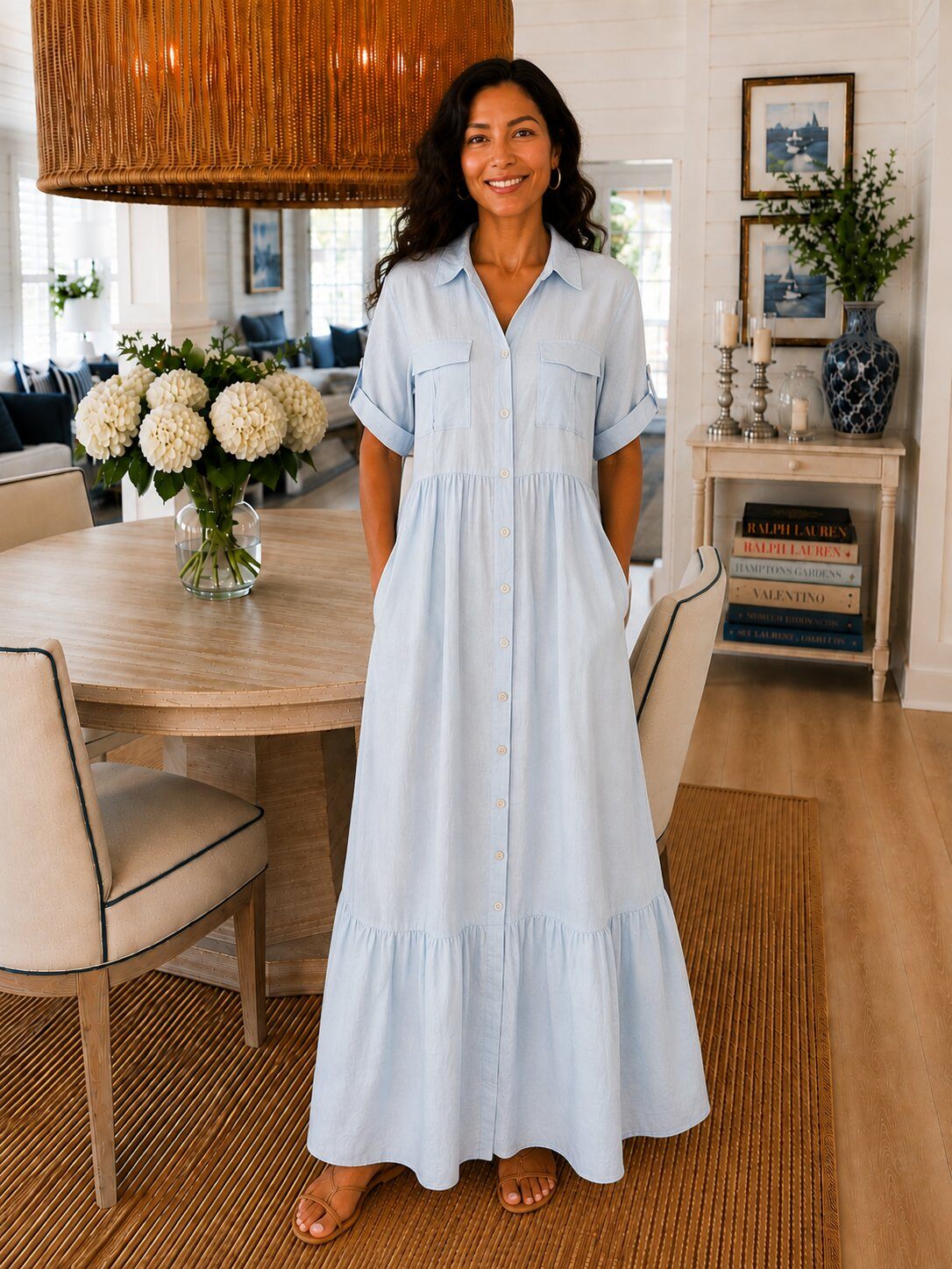 Robe Chemise Longue Fluide Tendance – Made in Italy - Bleu ciel
