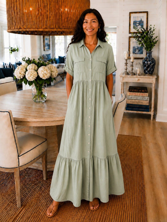 Robe Chemise Longue Fluide Tendance – Made in Italy - vert pâle