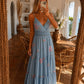 Robe Longue Brodée à Bretelles en coton – Made in Italy - BLEU