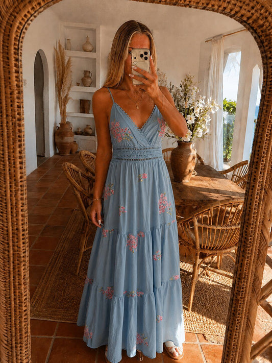 Robe Longue Brodée à Bretelles en coton – Made in Italy - BLEU