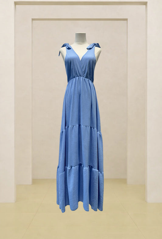 Robe longue fluide noeud épaule - BLEU CIEL