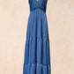 Robe longue fluide noeud épaule - BLEU JEAN