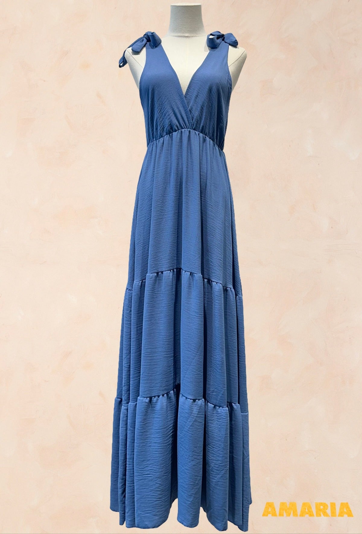 Robe longue fluide noeud épaule - BLEU JEAN