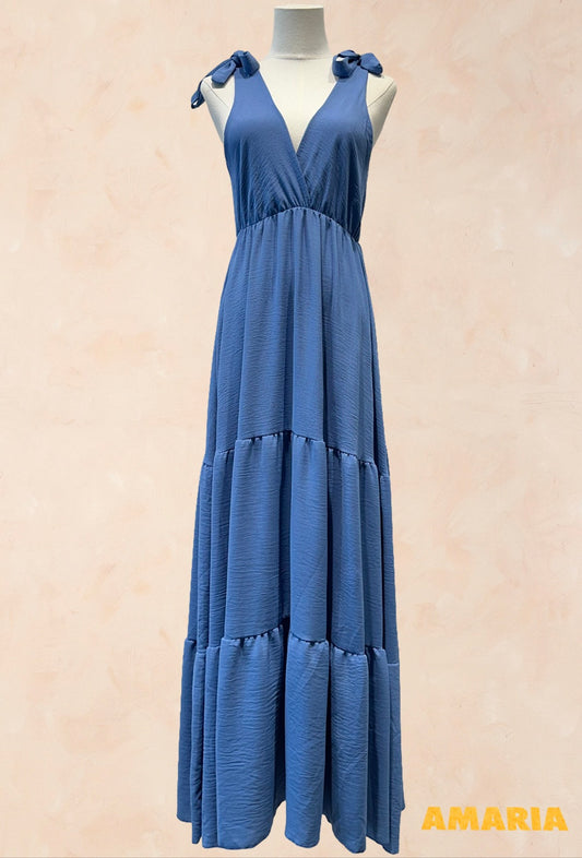 Robe longue fluide noeud épaule - BLEU JEAN