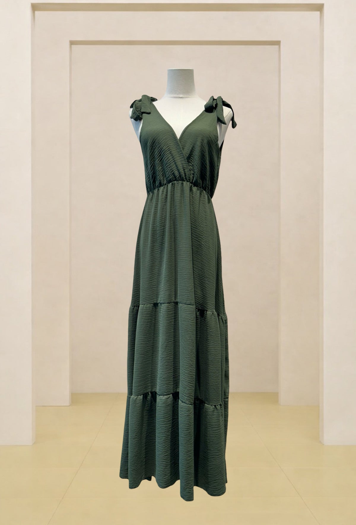 Robe longue fluide noeud épaule - KAKI