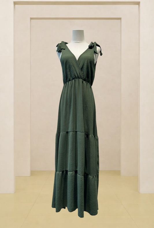 Robe longue fluide noeud épaule - KAKI