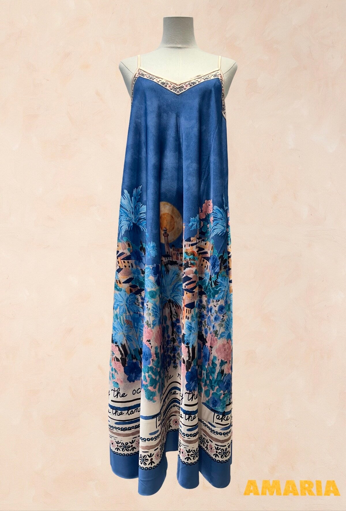 Robe longue bohème Imprimé paysage Méditerranéen BLEU