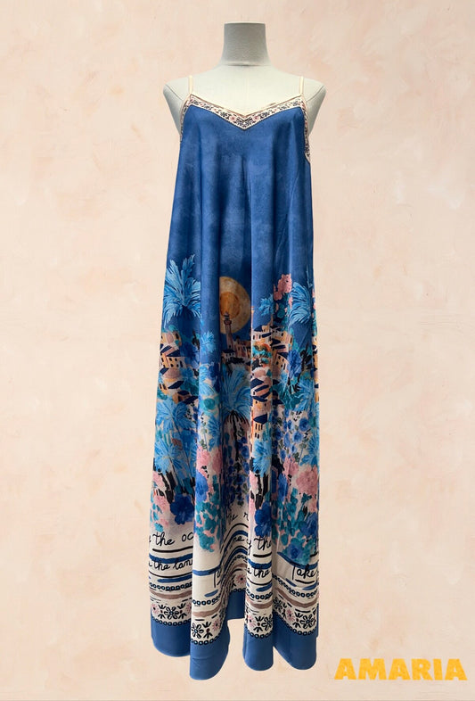 Robe longue bohème Imprimé paysage Méditerranéen BLEU