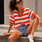 T-shirt marinière à col V et finitions dentelle - Taille M/L