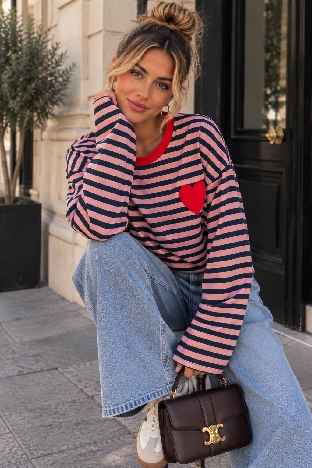T-shirt manches longues marinière cœur brodé S/M
