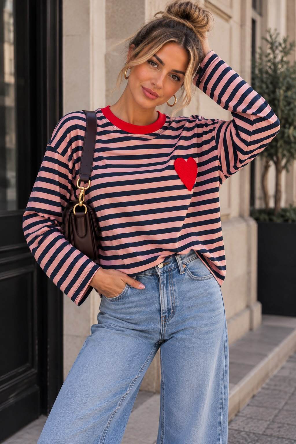 T-shirt manches longues marinière cœur brodé S/M