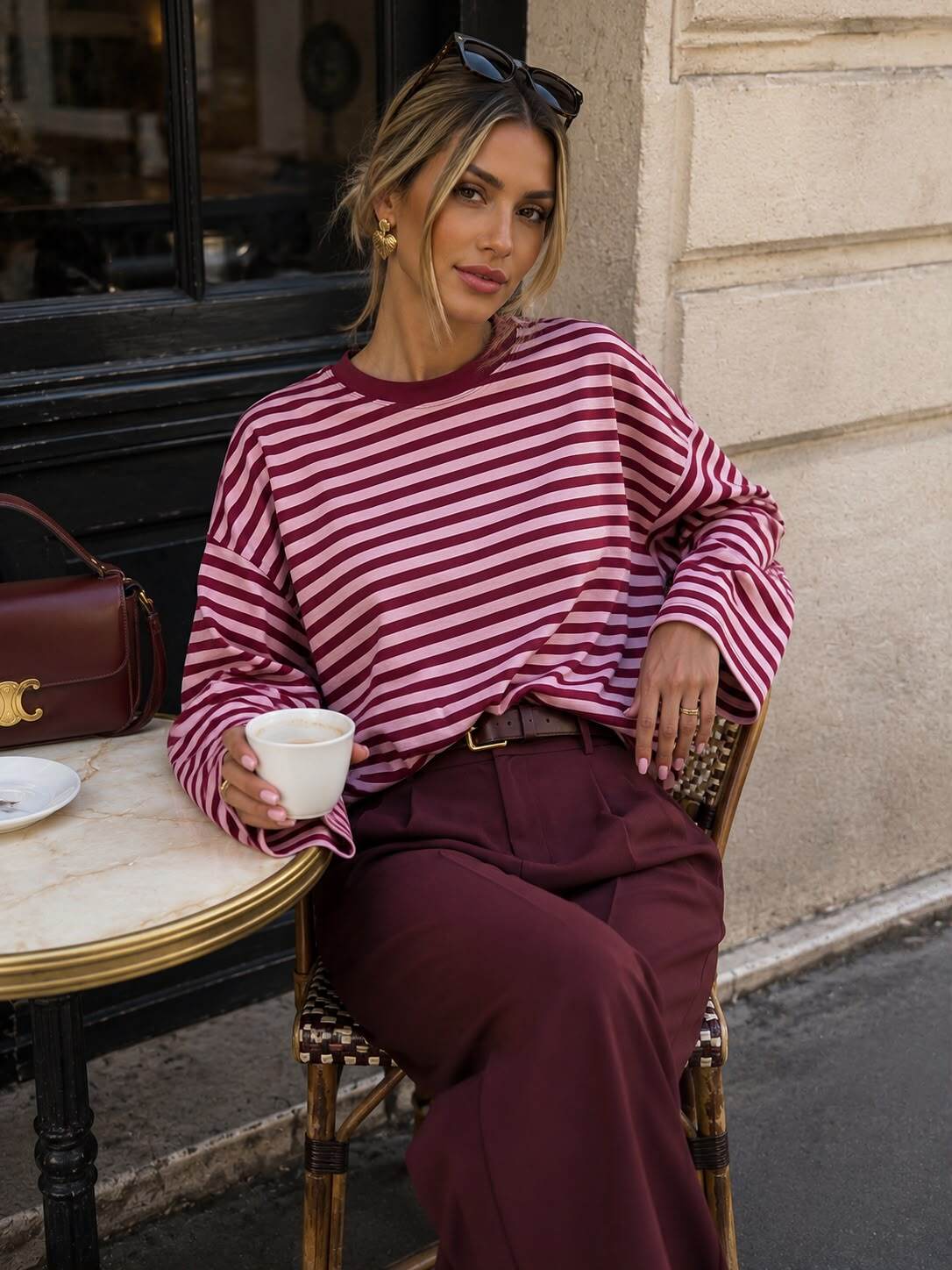 T-shirt Manches Longues Femme Oversize Rayé - Taille S/M