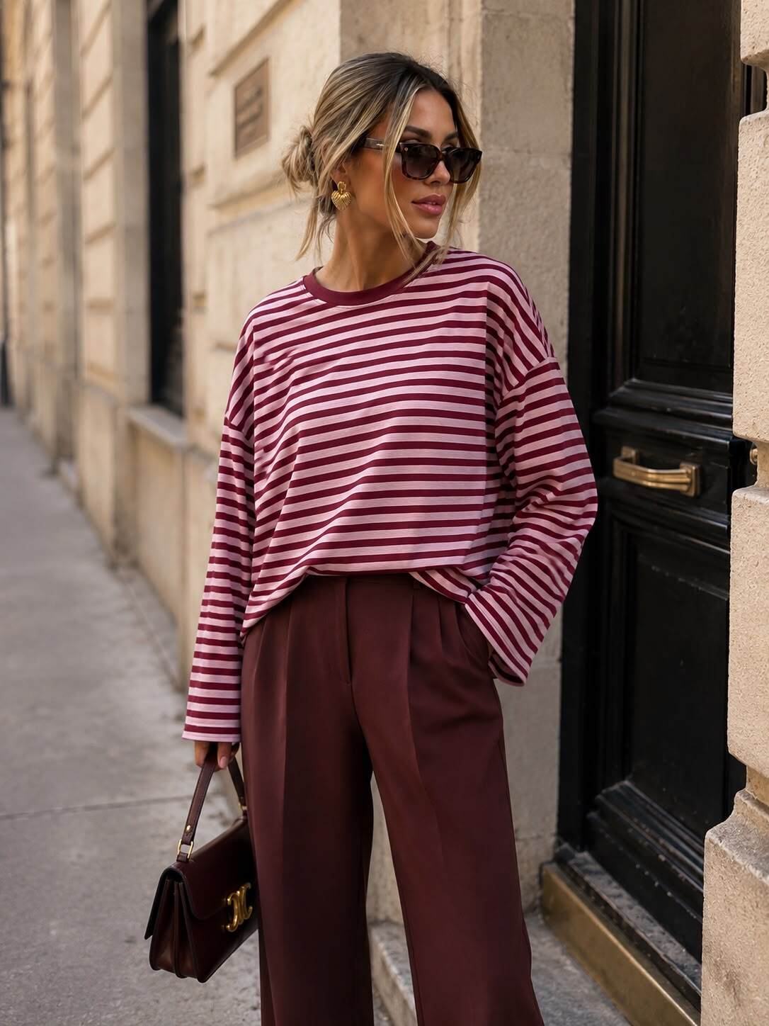 T-shirt Manches Longues Femme Oversize Rayé - Taille S/M